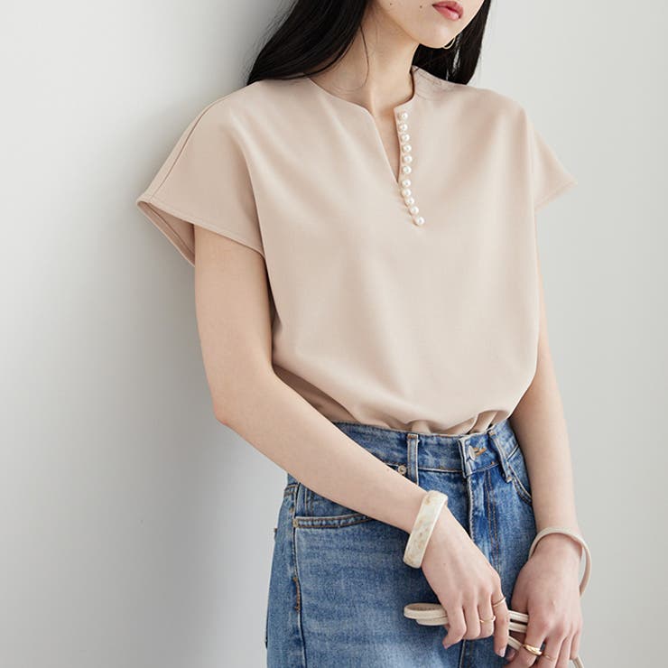 パール調ビーズ付キーネックトップス オフィスカジュアル | GeeRA | 詳細画像18 