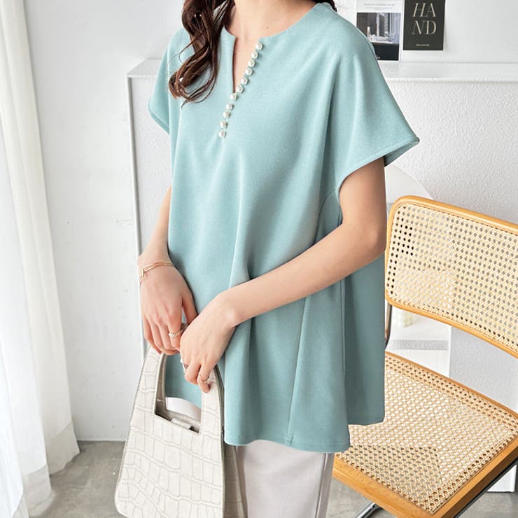 ミント | パール調ビーズ付キーネックトップス オフィスカジュアル | GeeRA