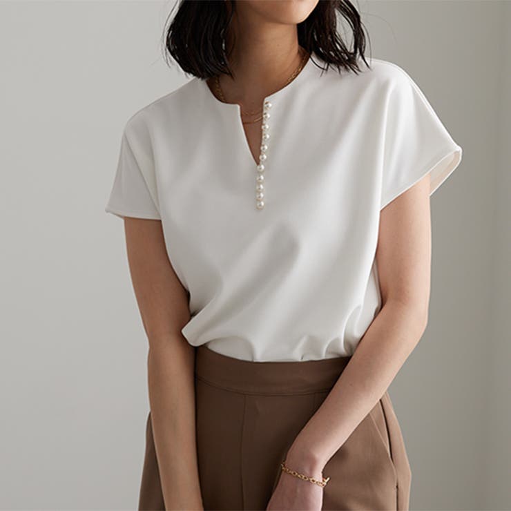 パール調ビーズ付キーネックトップス オフィスカジュアル | GeeRA | 詳細画像12 