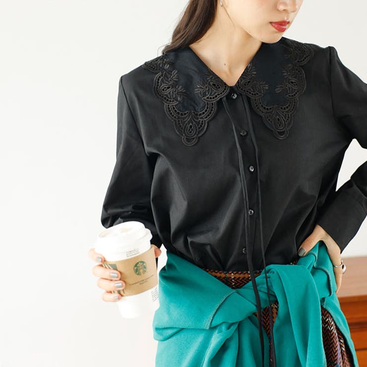 ブラック | レース刺しゅう衿ブラウス | GeeRA