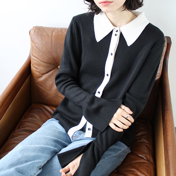 ポロ衿配色ニットカーディガン | GeeRA | 詳細画像1 