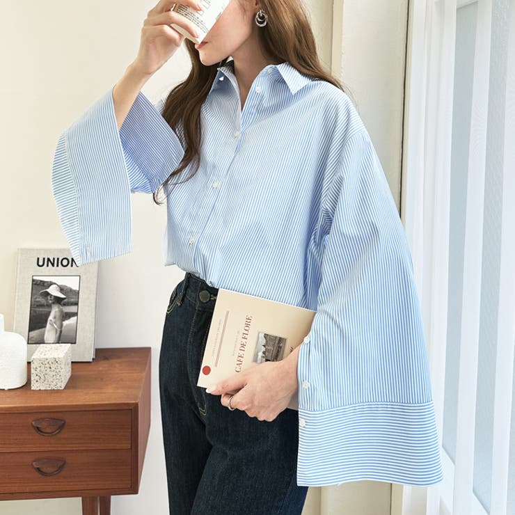 ブルー系 | 袖スリットワイドスリーブシャツ | GeeRA