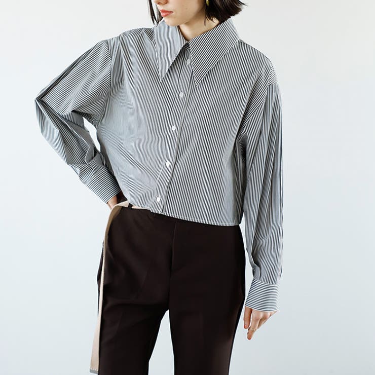 ブラック系 | ストライプ柄衿付ショート丈シャツ | GeeRA