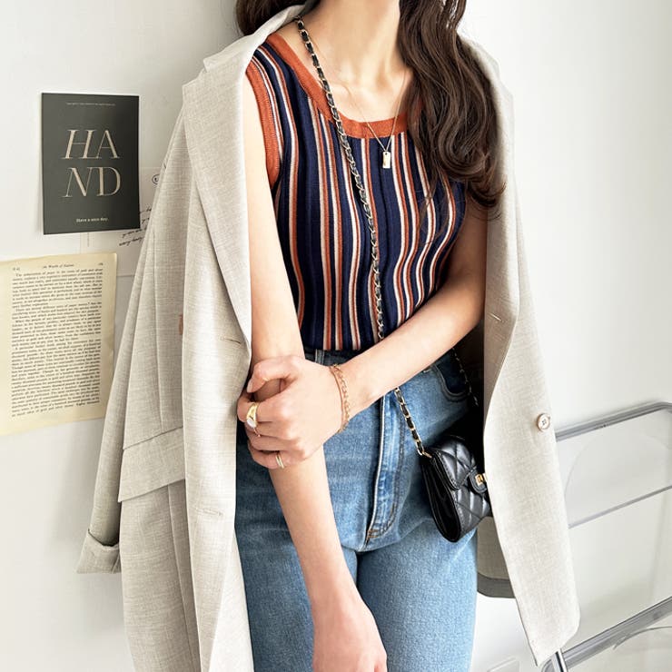 ネイビー系 | カラバリ豊富なマルチストライプニットタンクトップ＜夏服＞ | GeeRA
