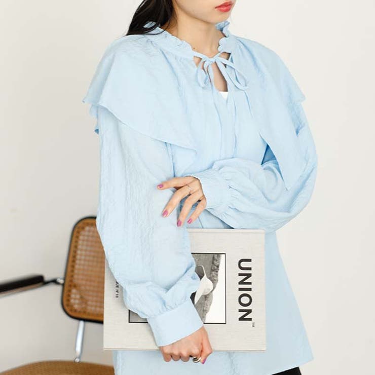 サックス | ワッシャー素材フリル衿シャツブラウス | GeeRA