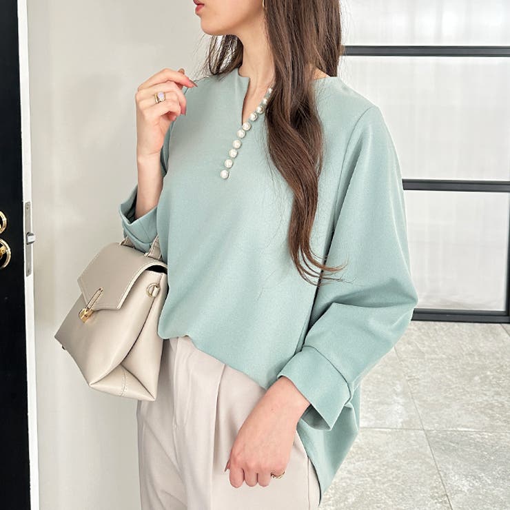 ミント | パール調ビーズ付キーネックブラウス | GeeRA