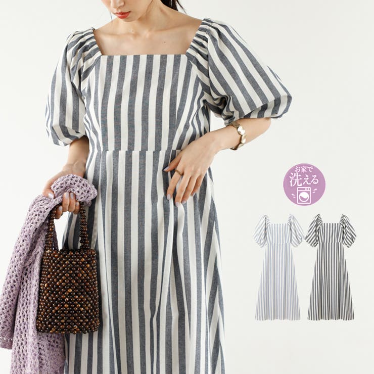 ストライプパフスリーブワンピース<夏服>[品番:GERW0010212 ストライプパフスリーブワンピース<夏服>[品番:GERW0010212