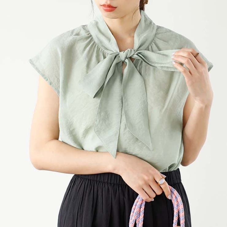 グリーン | 前後２ＷＡＹフレンチ袖ボウタイブラウス | GeeRA