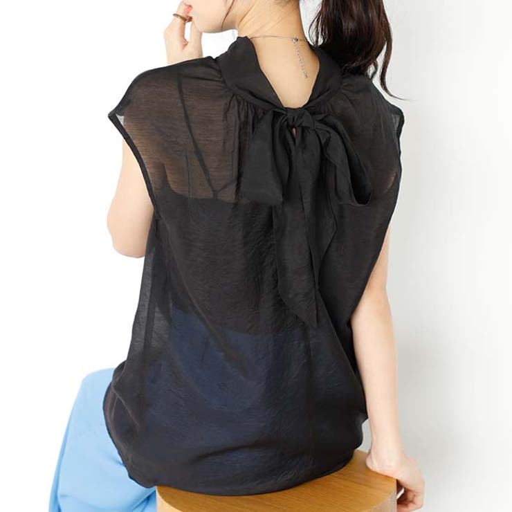 ブラック | 前後２ＷＡＹフレンチ袖ボウタイブラウス | GeeRA