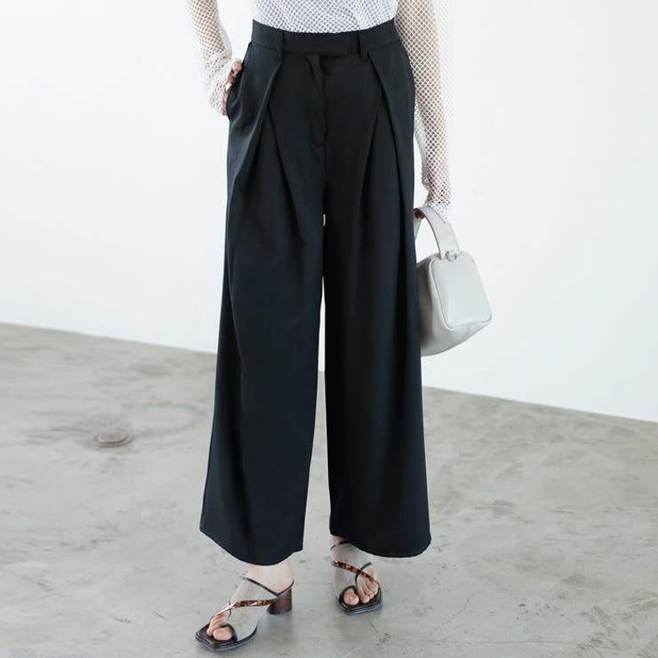 ブラック | ハイウエストタックデザインスラックスパンツ | GeeRA