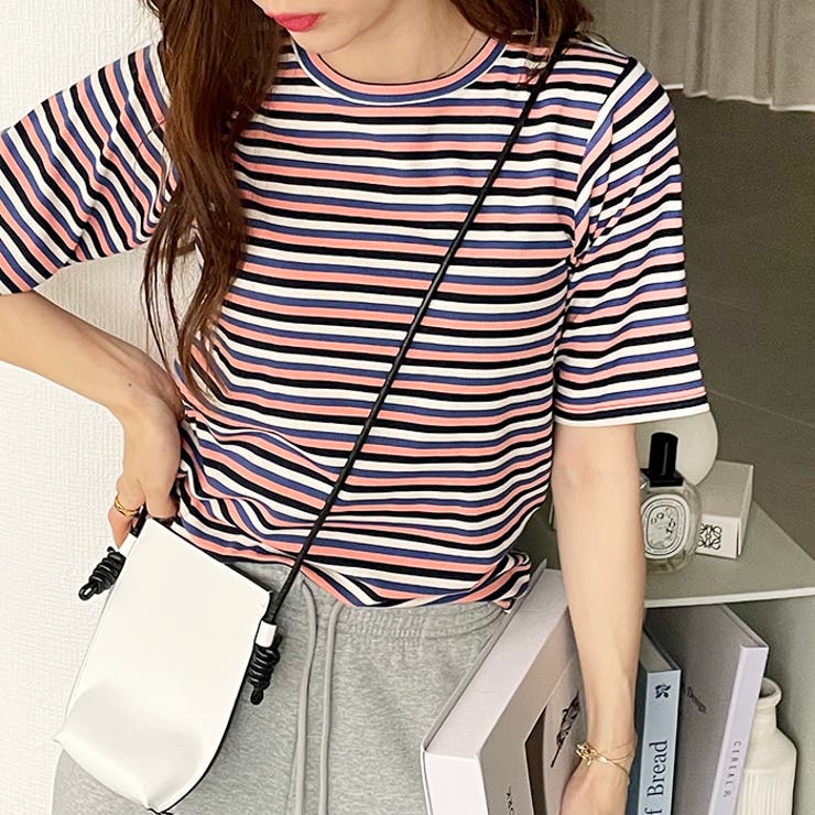 ピンク系 | マルチボーダー5分袖リブカットソー | GeeRA