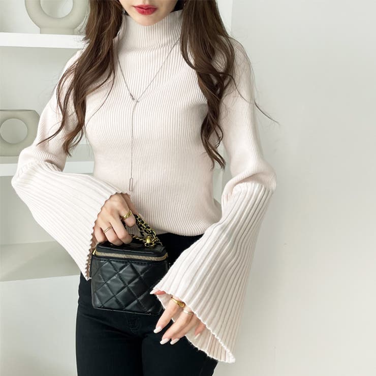 アイボリー | ハイネックフレアースリーブリブニット | GeeRA