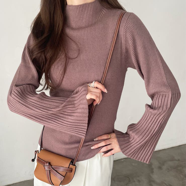 モカ | ハイネックフレアースリーブリブニット | GeeRA