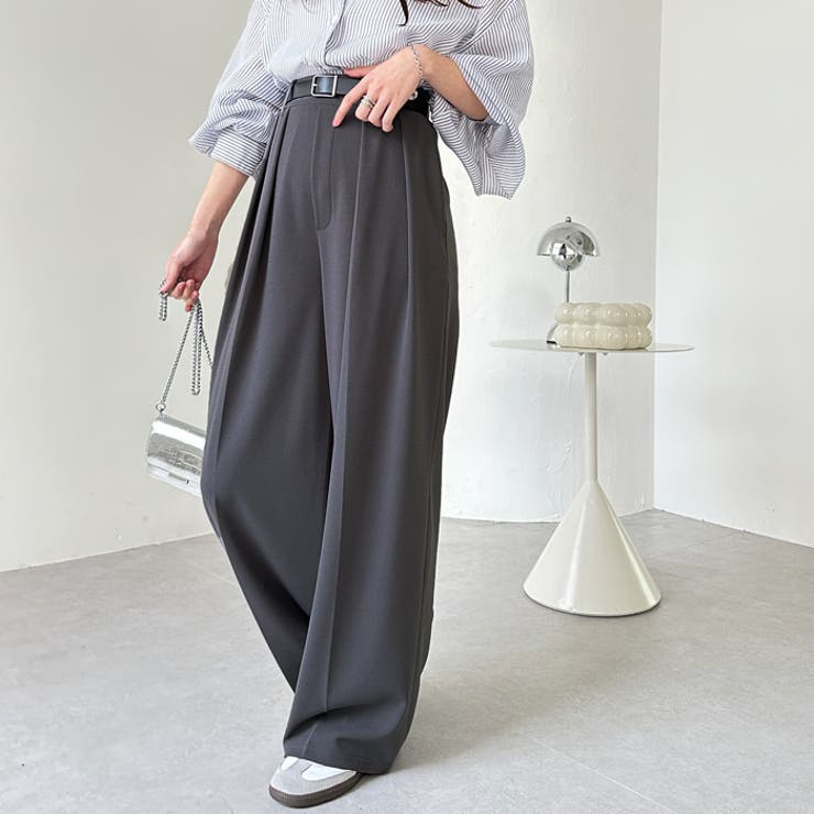 ハイウエスト スラックス 着痩せ ワイドパンツ インタックスラックスハイウエストワイドパンツ[品番