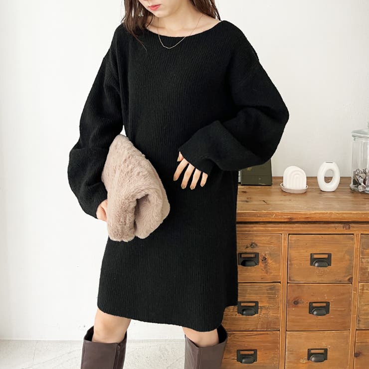 ボートネックミニ丈ニットワンピース[品番：GERW0010353]｜GeeRA