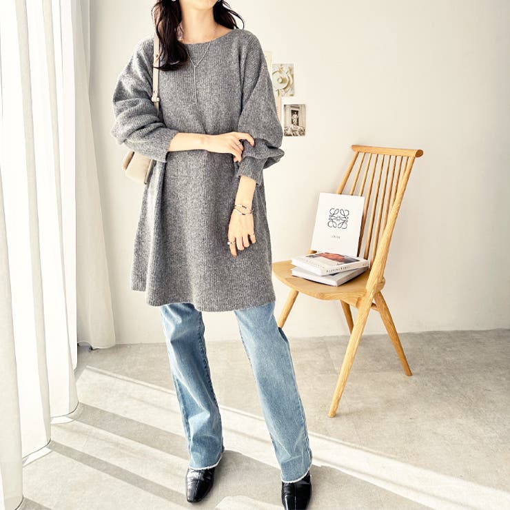 グレー | ボートネックミニ丈ニットワンピース | GeeRA