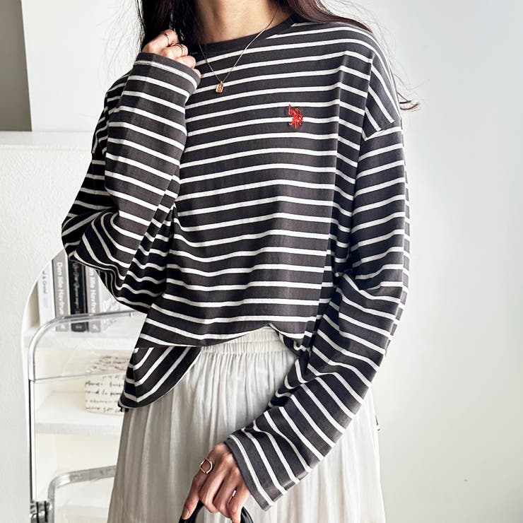 チャコール×オフホワイトボーダー | 【Ｕ．Ｓ． ＰＯＬＯ ＡＳＳＮ．】オーバーサイズ刺しゅうロンＴ | GeeRA