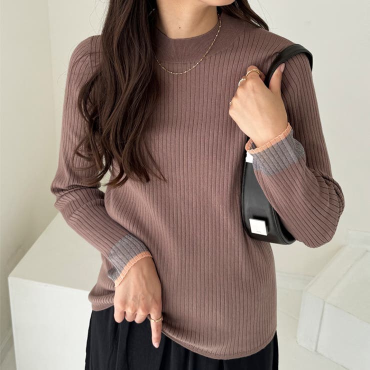 モカブラウン | 袖口シアーハイネックリブニットトップス | GeeRA