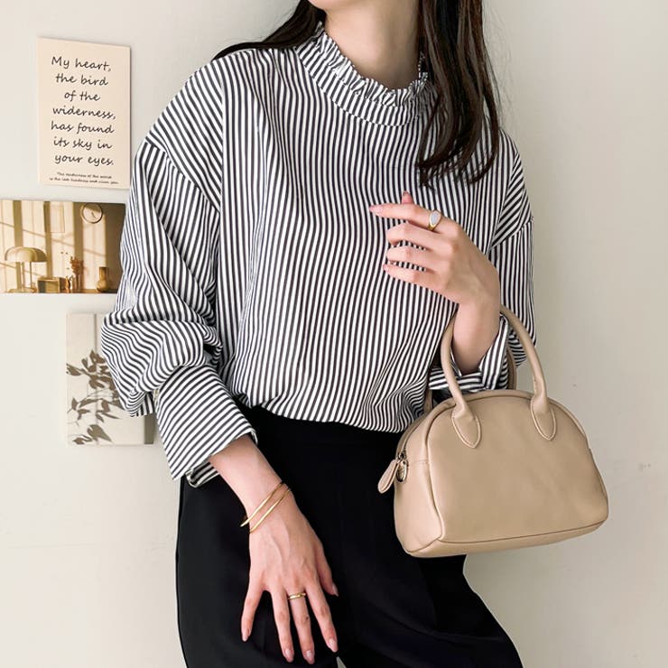 ブラック系ストライプ | フリルカラーシャツブラウス | GeeRA