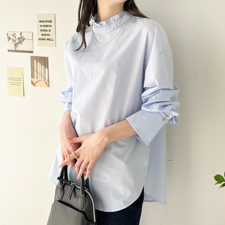 ブルー | フリルカラーシャツブラウス | GeeRA