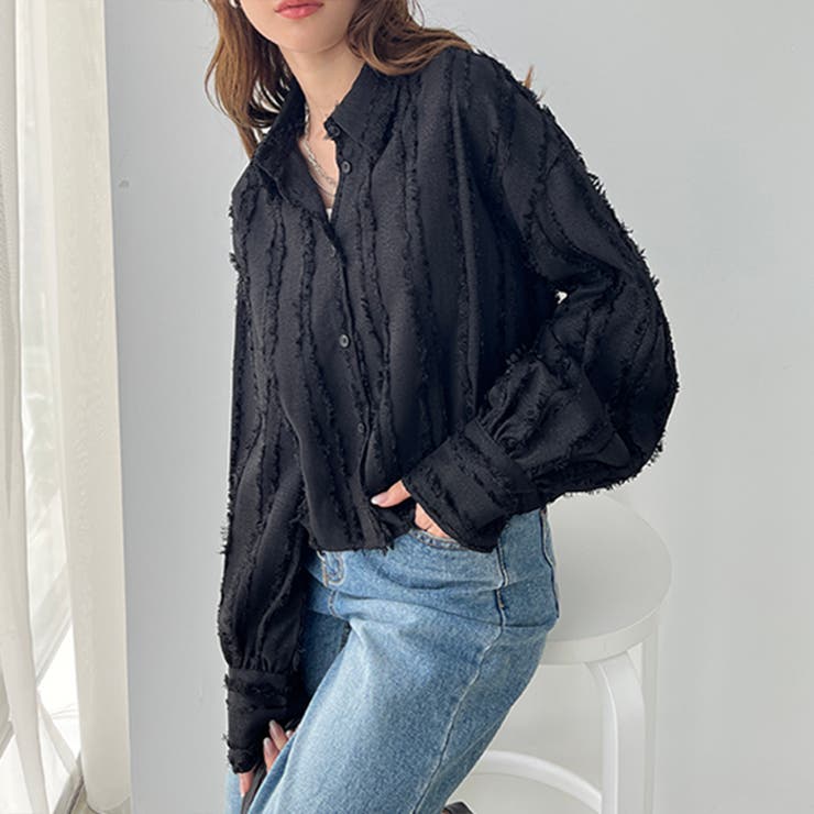 ブラック | フリンジジャカードショートブラウス | GeeRA