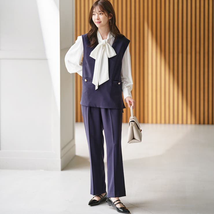 【1030】美品　アナイ　クレープジョーゼットパールボウタイブラウス　白　38 3点セット】ボウタイブラウス付パール釦ベストセットアップ