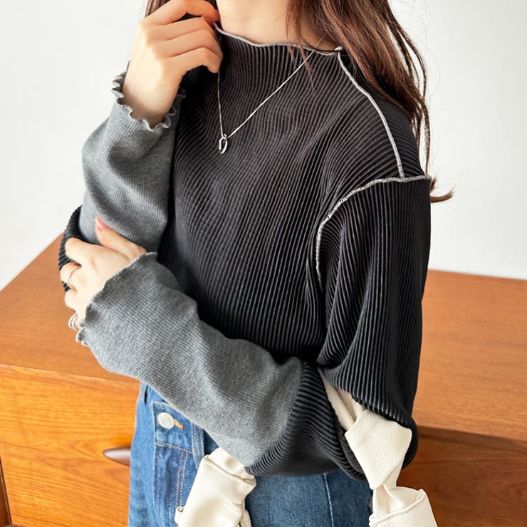 ブラック | 異素材ドッキング配色メロープルオーバー | GeeRA