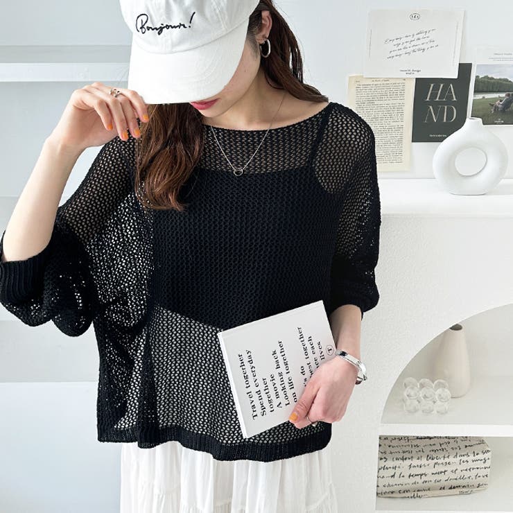 ブラック | リネン調メッシュニットプルオーバー | GeeRA