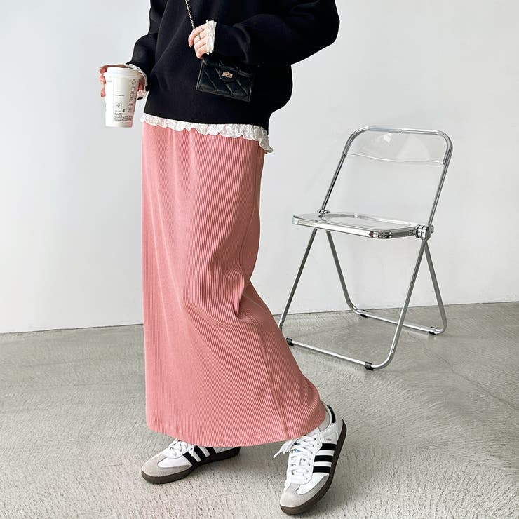 スカーラ　ダブルストラップリブロングトップ LLサイズ ライラックピンク すっきり見え！リブタイトロングスカート[品番：GERW0010583]｜GeeRA