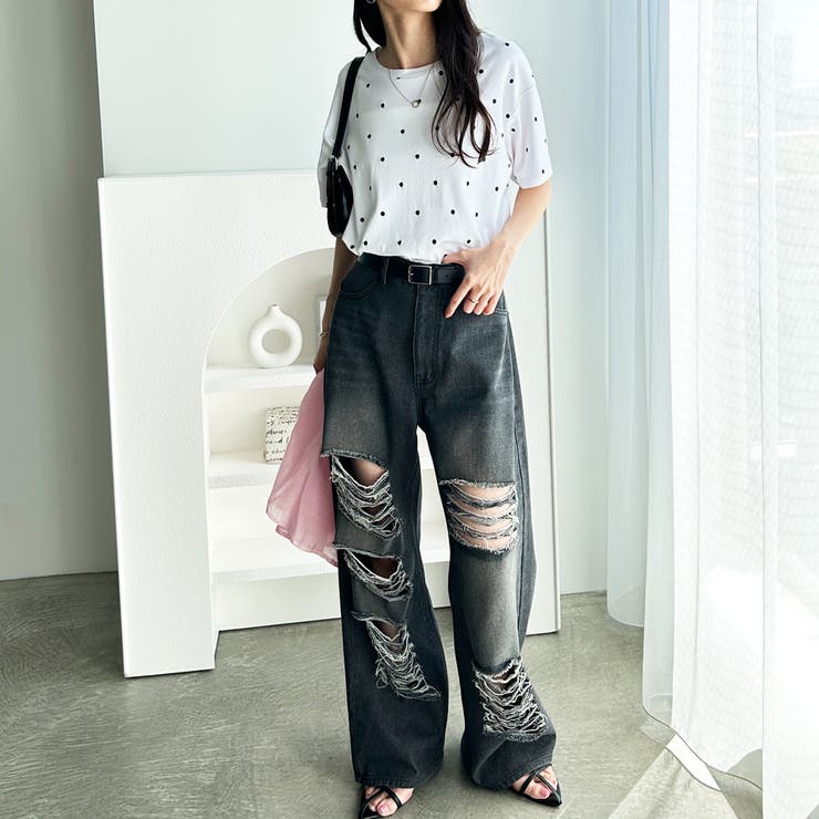 綿100％ドット刺しゅうシルケット半袖Tシャツ[品番