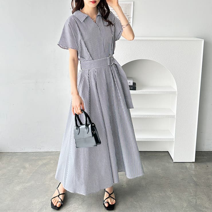 【nest Robe】麻100% ストライプ柄スキッパーシャツワンピース グレー 上品スキッパーシャツワンピース[品番：GERW0010652]｜GeeRA（ジーラ