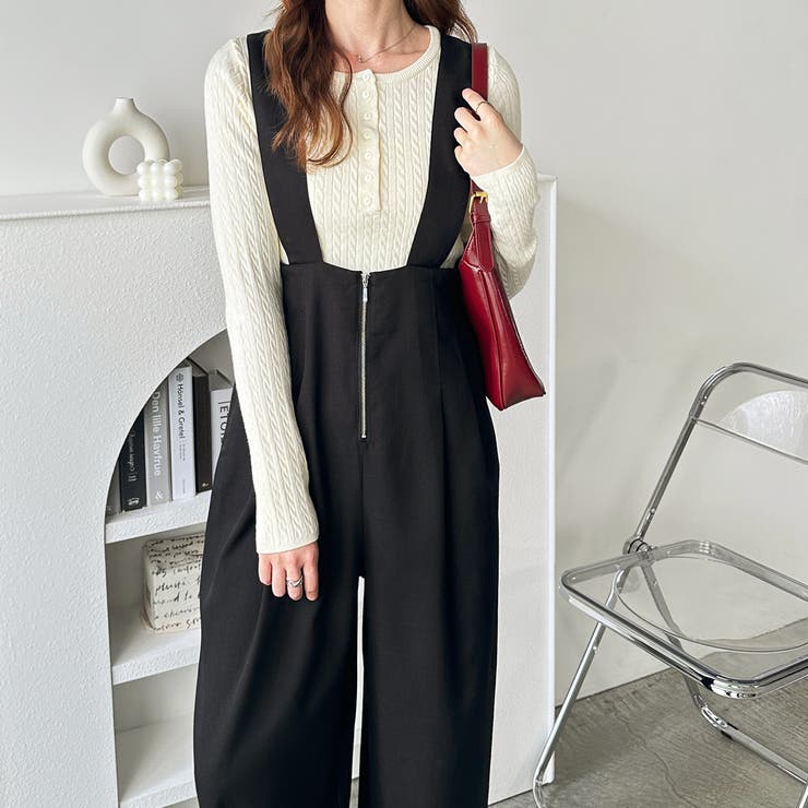 ブラック | フロントジップハイウエストサロペット | GeeRA