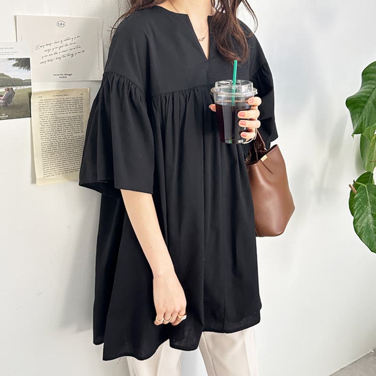 ブラック | フレアー袖キーネックブラウス | GeeRA