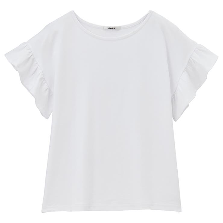 綿100％ボートネックフリル袖シルケットTシャツ[品番：GERW0010632