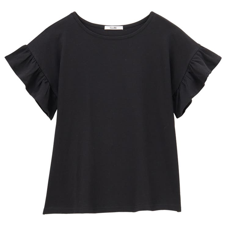 綿100％ボートネックフリル袖シルケットTシャツ[品番：GERW0010632