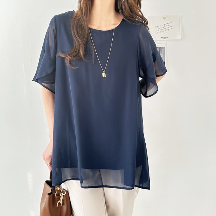 接触冷感＞異素材シフォンレイヤードチュニック 夏服[品番