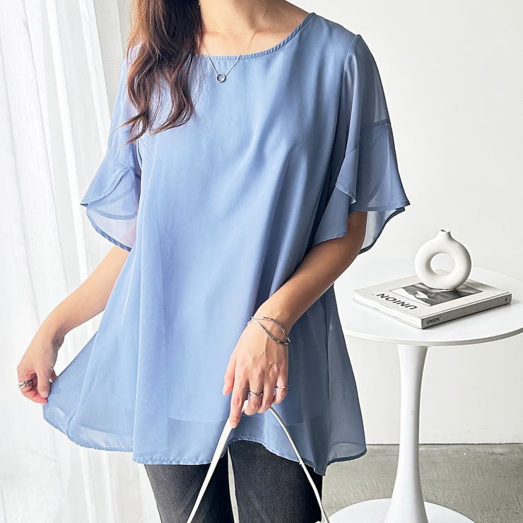 ブルー | ＜接触冷感＞異素材シフォンレイヤードチュニック | GeeRA