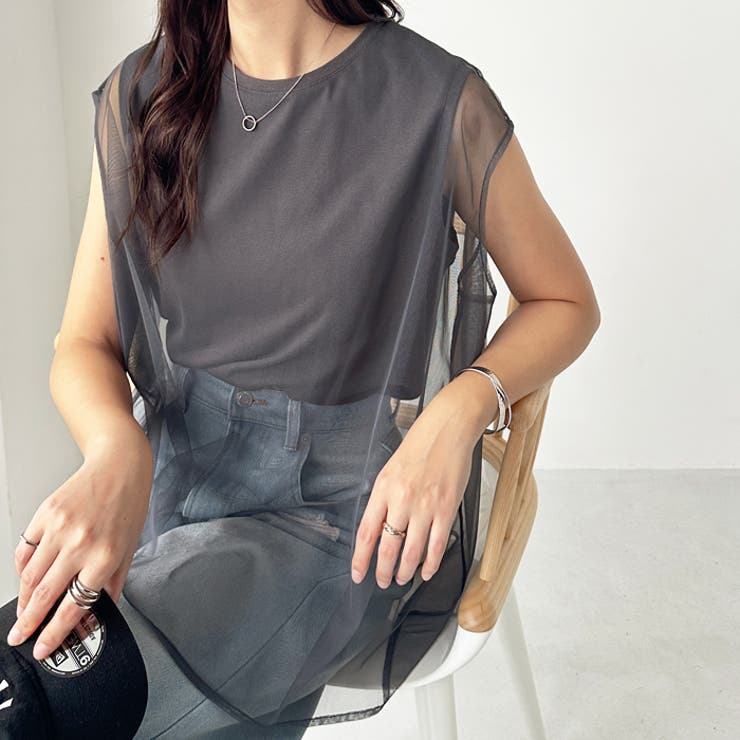 チャコール | チュールカバーフレンチスリーブカットソー | GeeRA