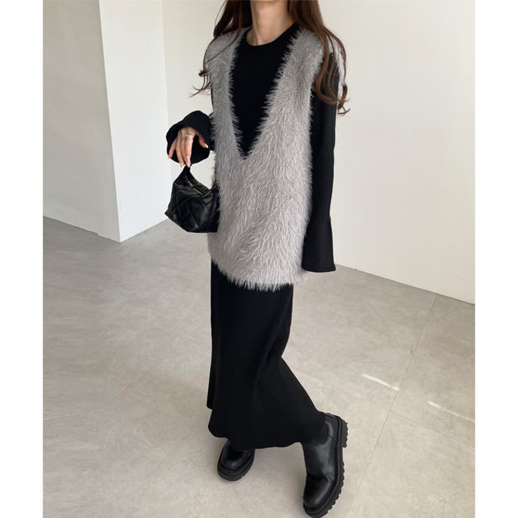 リブニットワンピース×シャギーベストセット | GeeRA | 詳細画像3 