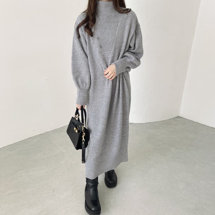 女の子向けプレゼント集結 アシメボタンミックスニットワンピース[品番：GERW0010720 ワンピース