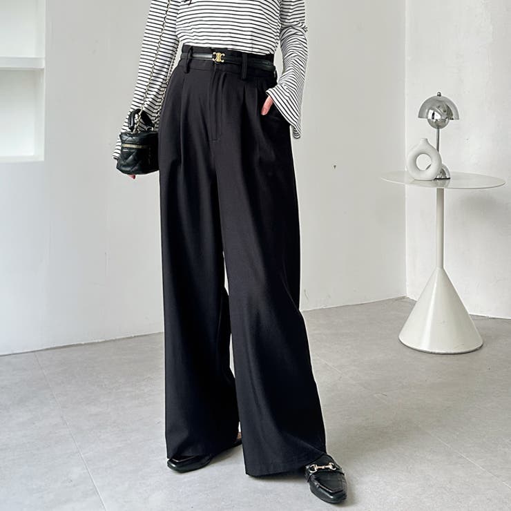 brunt crazy about ブラック 着心地抜群！ハイウエストダブルタックワイドパンツ[品番