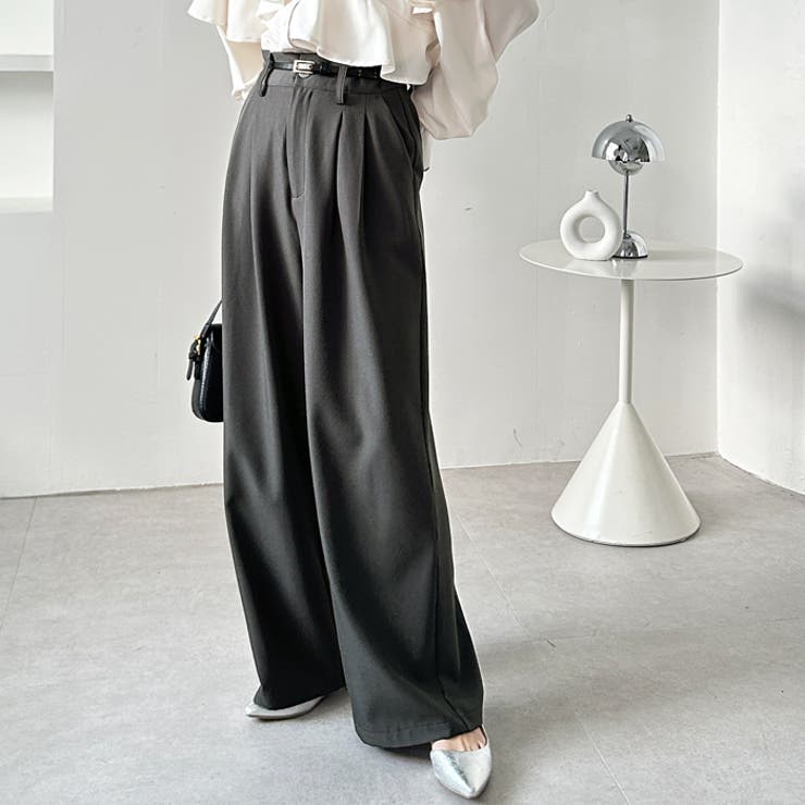 ハイウエスト 黒 ワイドパンツ 5ボタン　ウール100% 着心地抜群！ハイウエストダブルタックワイドパンツ[品番：GERW0010778