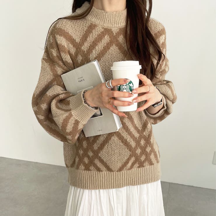 ベージュ系 | モヘアライクチェック柄ニットプルオーバー | GeeRA