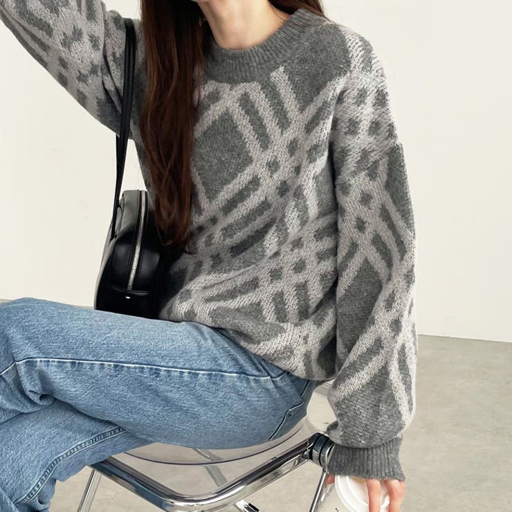 グレー系 | モヘアライクチェック柄ニットプルオーバー | GeeRA