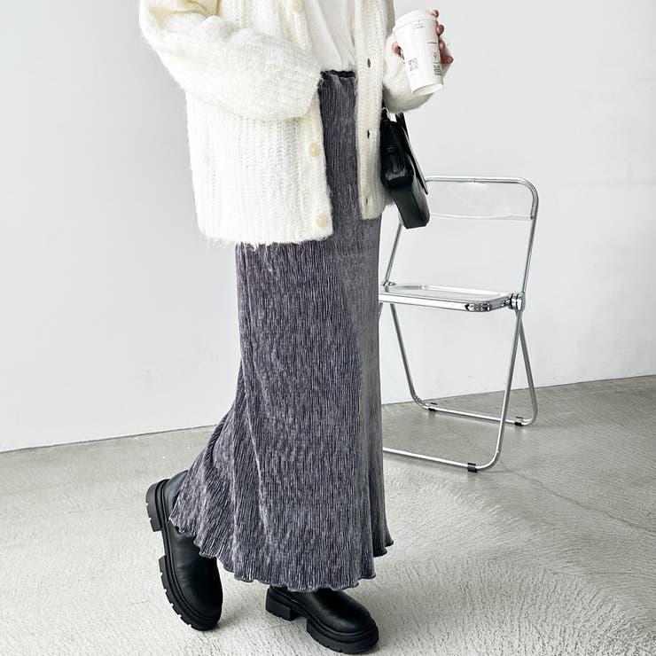 グレー | すっきり見え！ベロアプリーツロングスカート | GeeRA