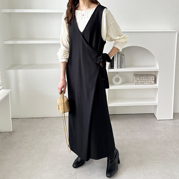 ブラック | 楽ちん！ウエストリボンラップオールインワン | GeeRA