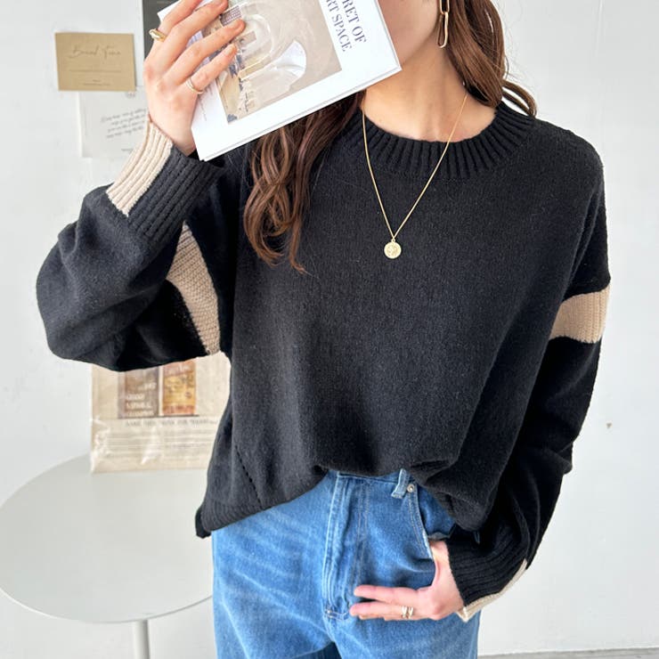 ブラック | 配色ラインニットプルオーバー | GeeRA