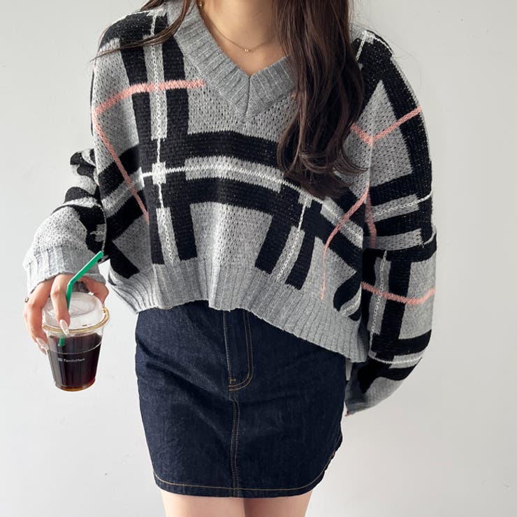 【限定価格セール！】 nelliy.】チェック柄ニットプルオーバー[品番：GERW0010794 トップス