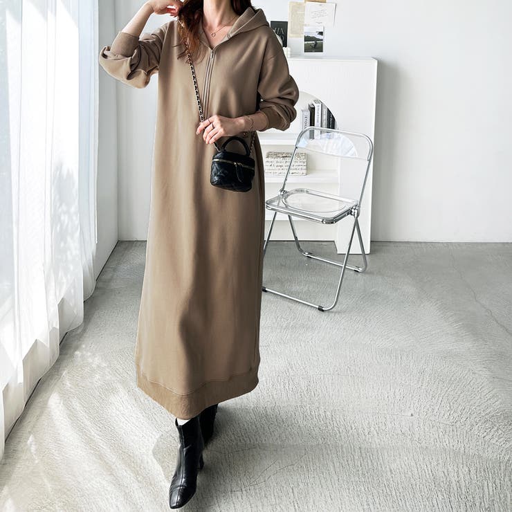 shop2525☆24時間以内に発送OK 専用 ハーフジップ裏起毛パーカーワンピース[品番：GERW0010764