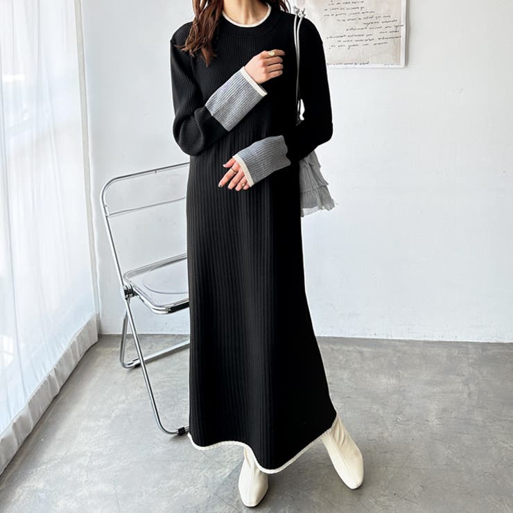 ブラック | 全骨格細見え！配色リブニットワンピース | GeeRA